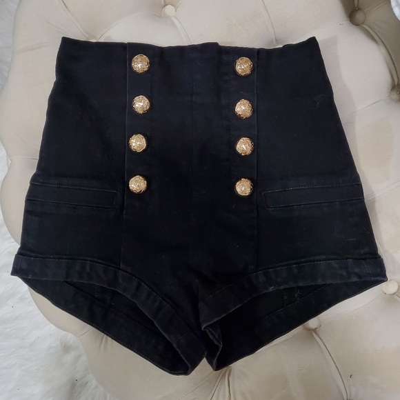 High Waist Black Denim Shorts with Gold Buttons - Picture 1 of 4